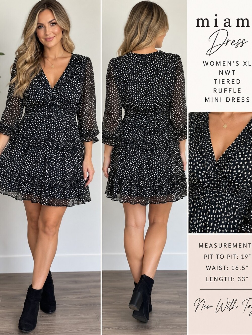 Miami Womens XL Dress NWT Black White Print Tiered Ruffle 3/4 Sleeve Mini